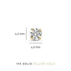 14K solid yellow gold round stud with 4.0 mm stone; size markings