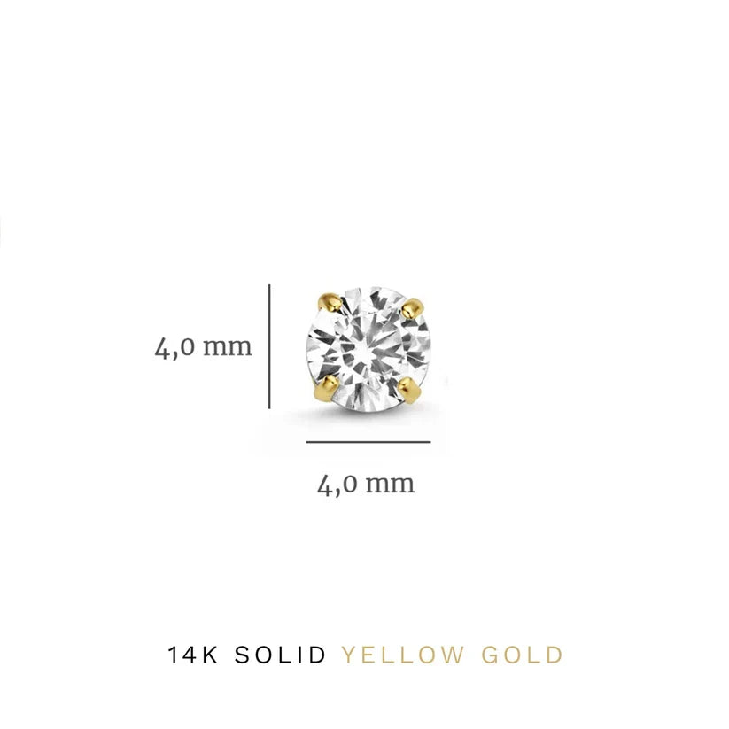 14K solid yellow gold round stud with 4.0 mm stone; size markings
