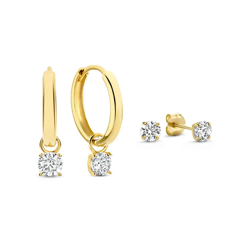 Gold-tone earring set: huggie hoops with round stones and matching stud earrings