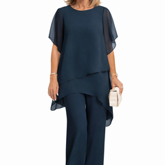 Navy fluid two-piece set with draped short-sleeve top and wide-leg pants