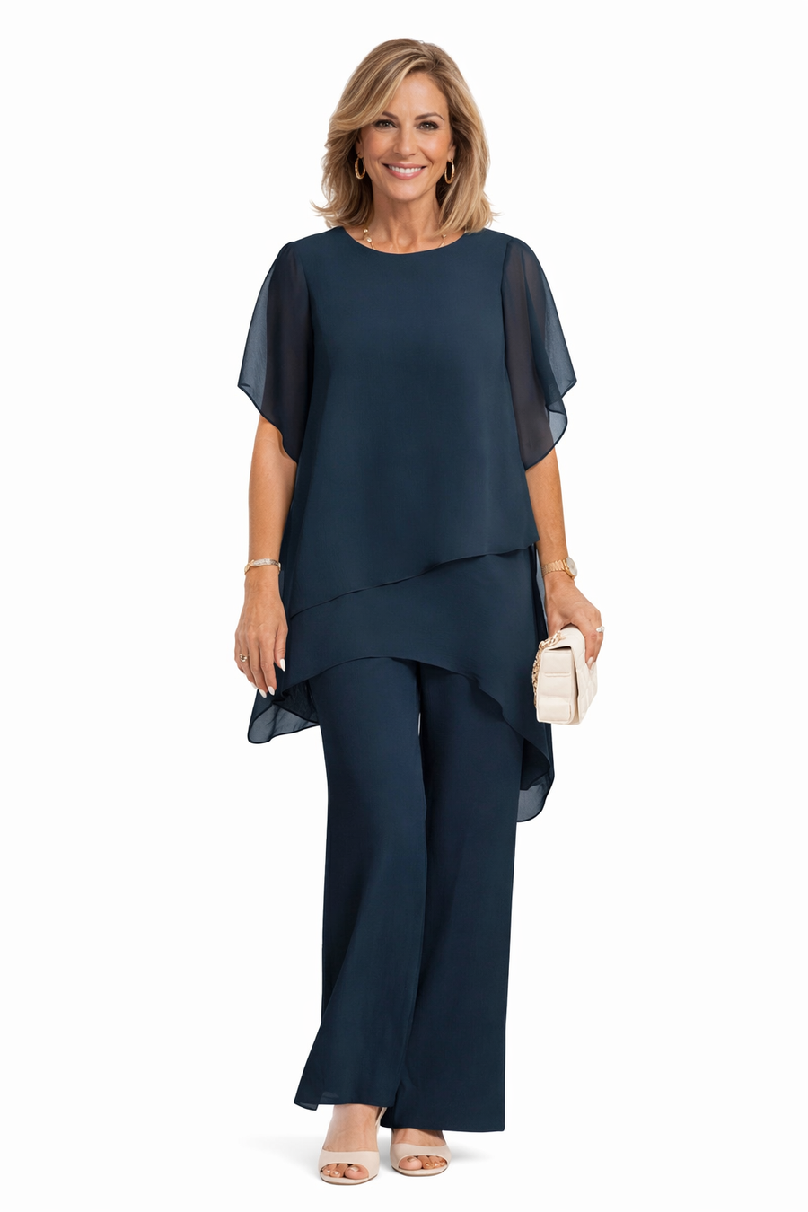 Navy fluid two-piece set with draped short-sleeve top and wide-leg pants