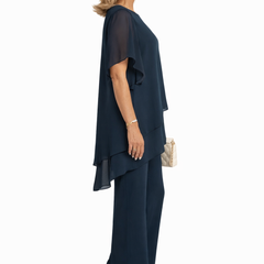 Dark navy two-piece fluid set, draped short-sleeve top with wide-leg pants