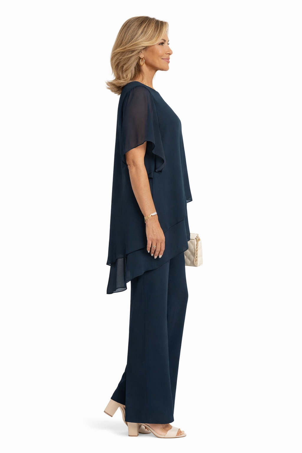 Dark navy two-piece fluid set, draped short-sleeve top with wide-leg pants