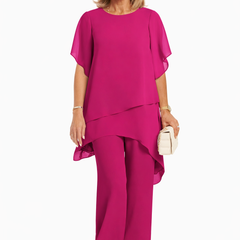 Fuchsia fluid two-piece set with draped short-sleeve top and wide-leg pants