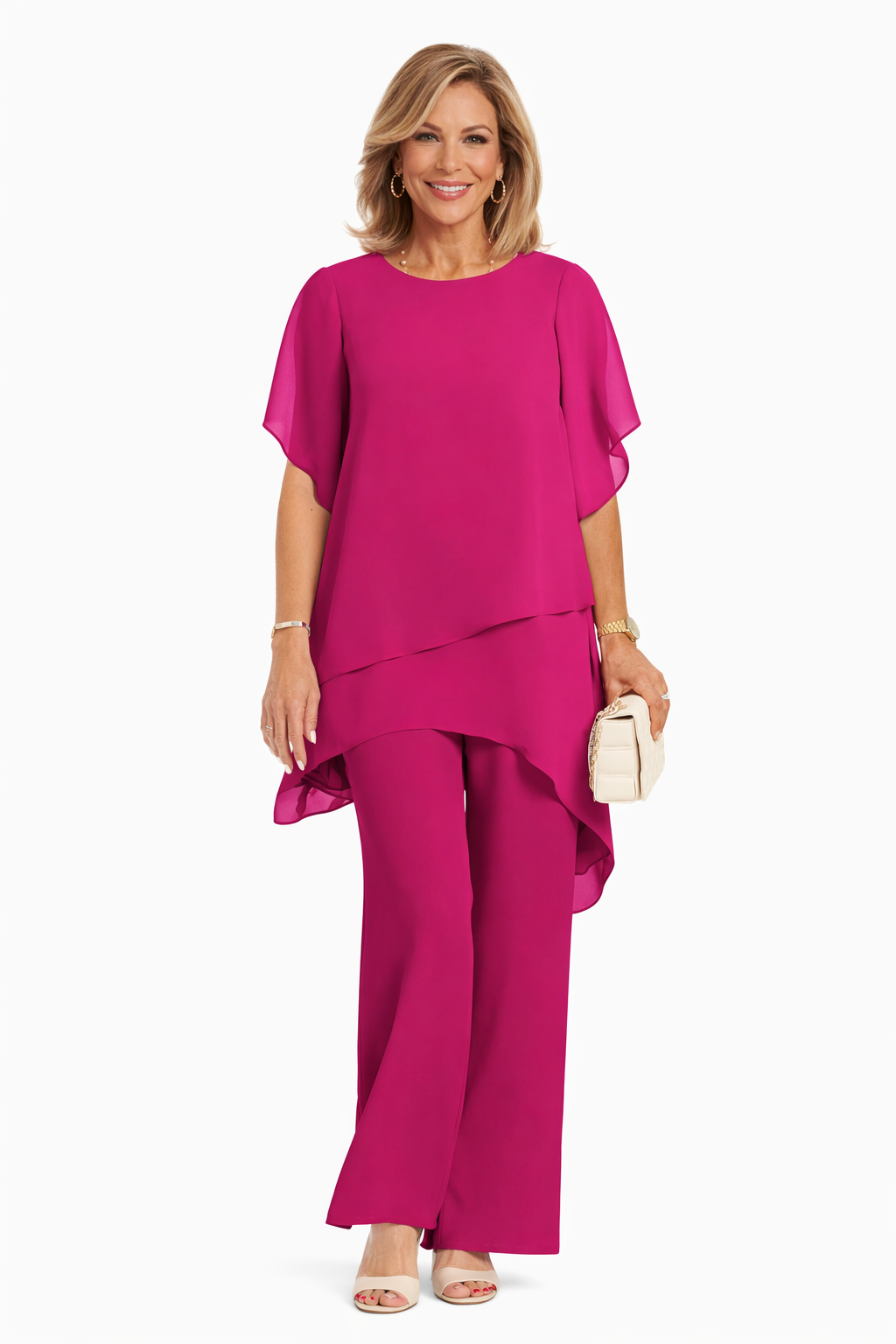 Fuchsia fluid two-piece set with draped short-sleeve top and wide-leg pants