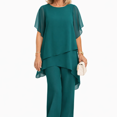 Teal fluid two-piece set with draped short-sleeve top and wide-leg pants