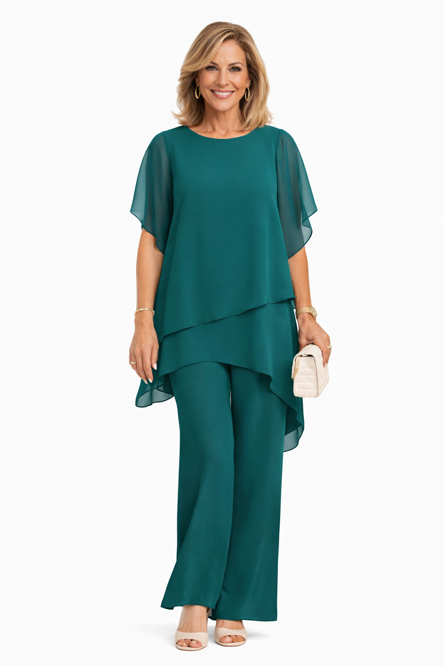 Teal two-piece fluid set with draped overlay tunic top and wide-leg pants
