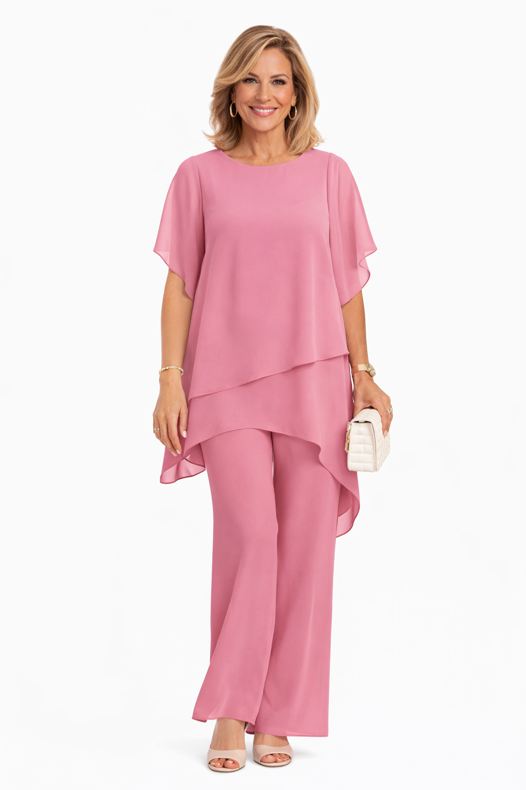 Dusty pink two-piece fluid set: draped blouse and flared pants