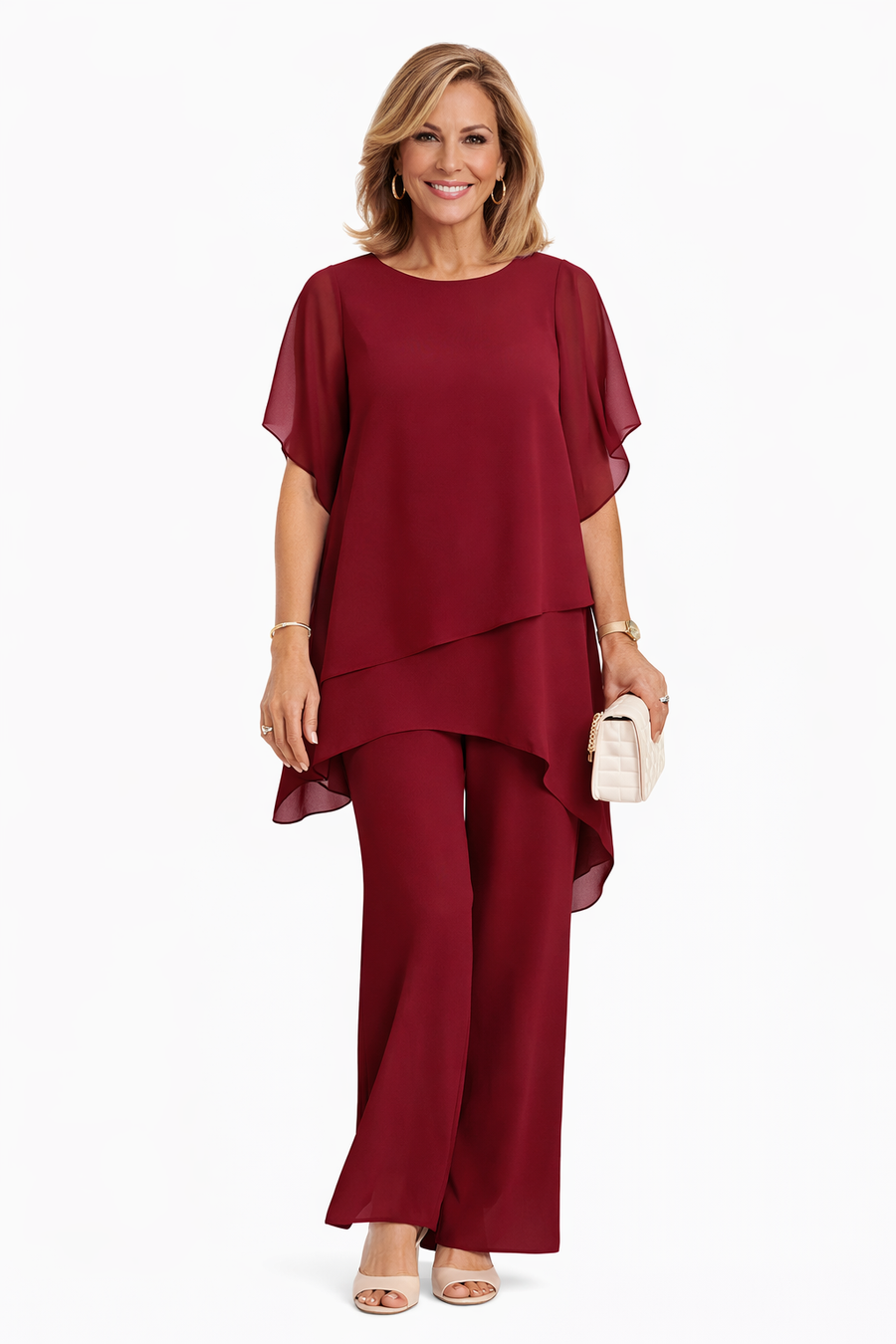 Women's two-piece fluid set in deep burgundy: draped short-sleeve top and wide-leg pants