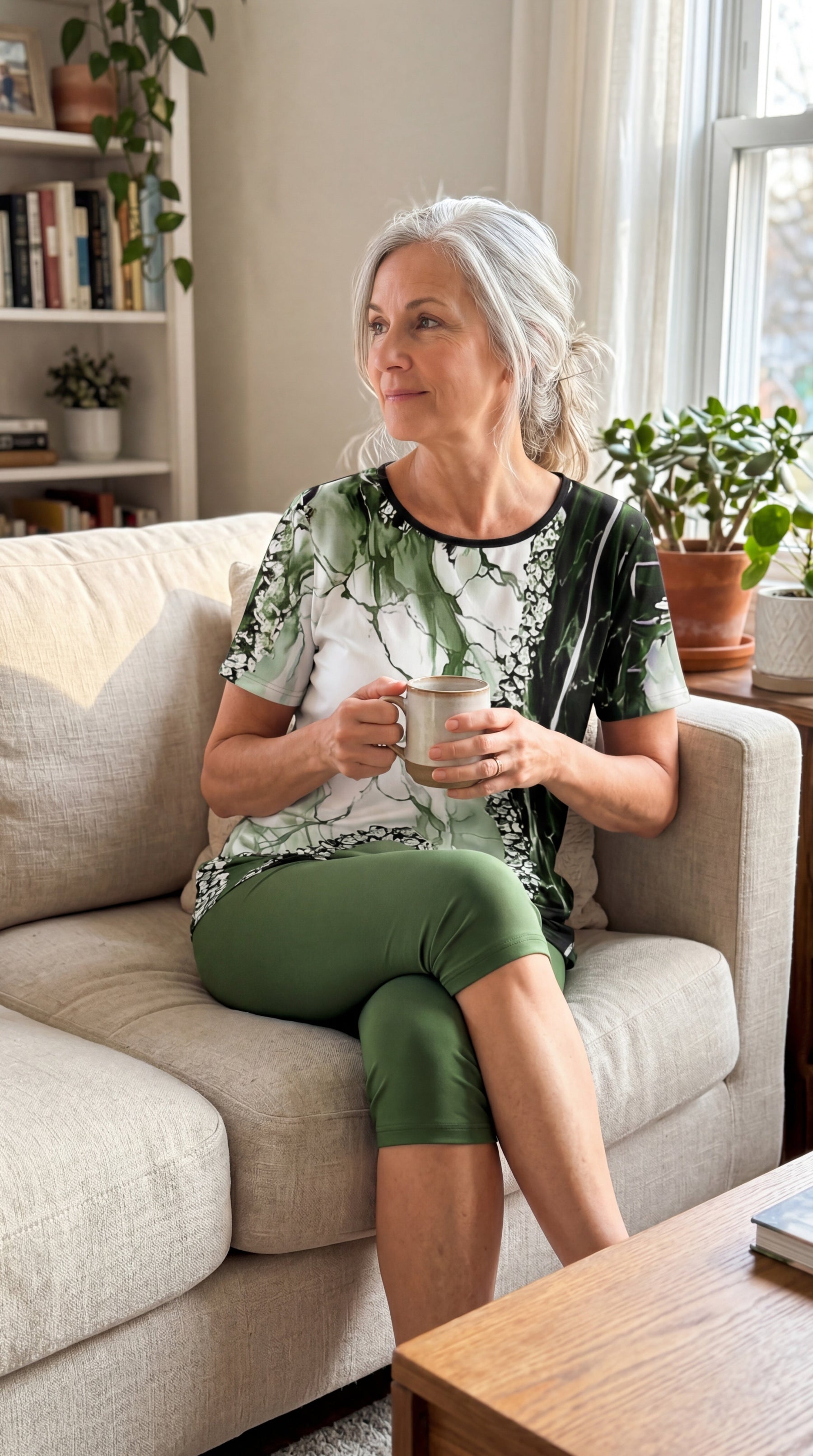 Printed stretch two-piece set, green capri leggings and short-sleeve matching top