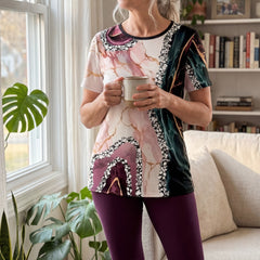 Printed stretch two-piece set, maroon capri leggings with multicolor short-sleeve top