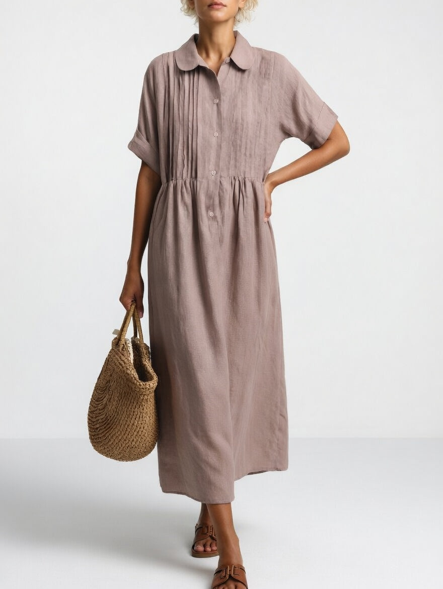 Khaki shirt dress with short sleeves, button front, and gathered waist, midi length