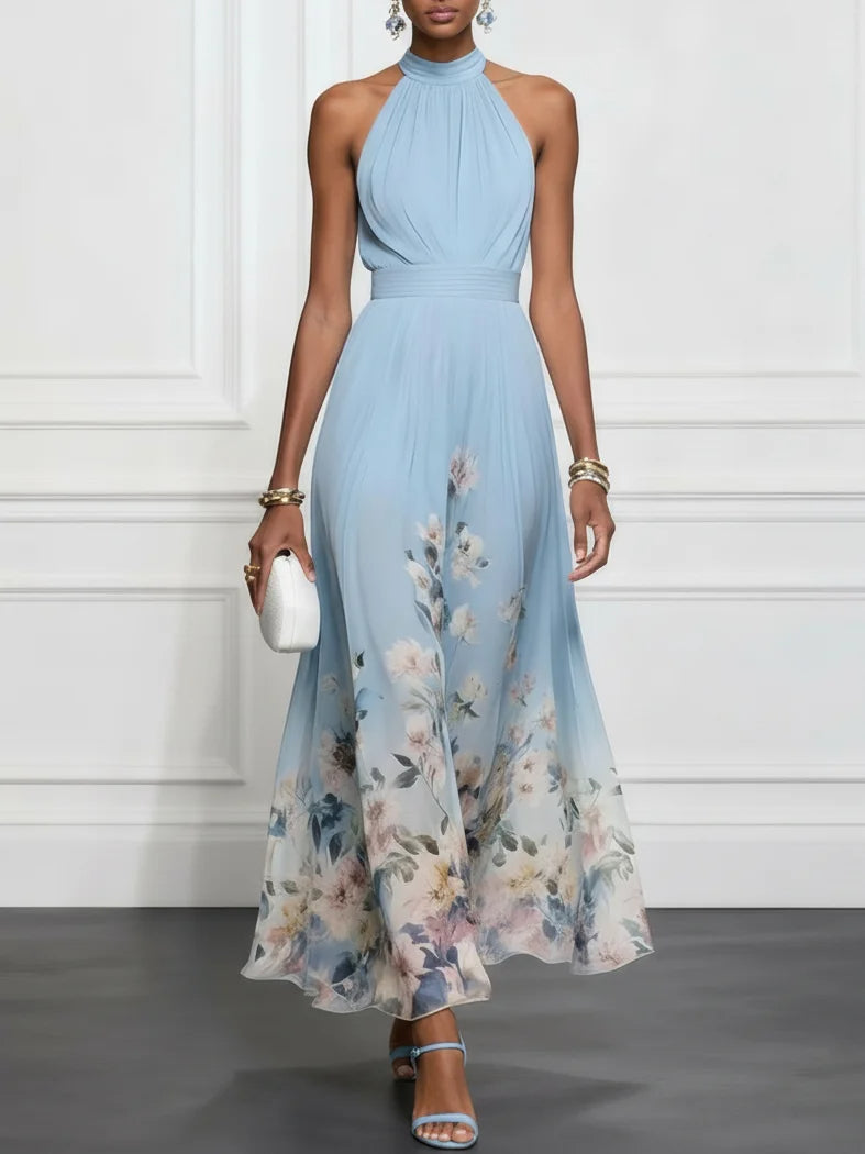 Light blue halter maxi dress with floral print skirt and draped bodice