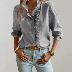 Grey ruffle-collar blouse with front button placket and long sleeves