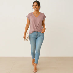 Mauve twist-front V-neck top with short sleeves and draped knot detail