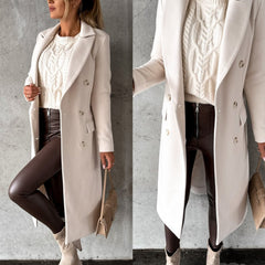 Cream long double-breasted coat with notched lapel and front button details