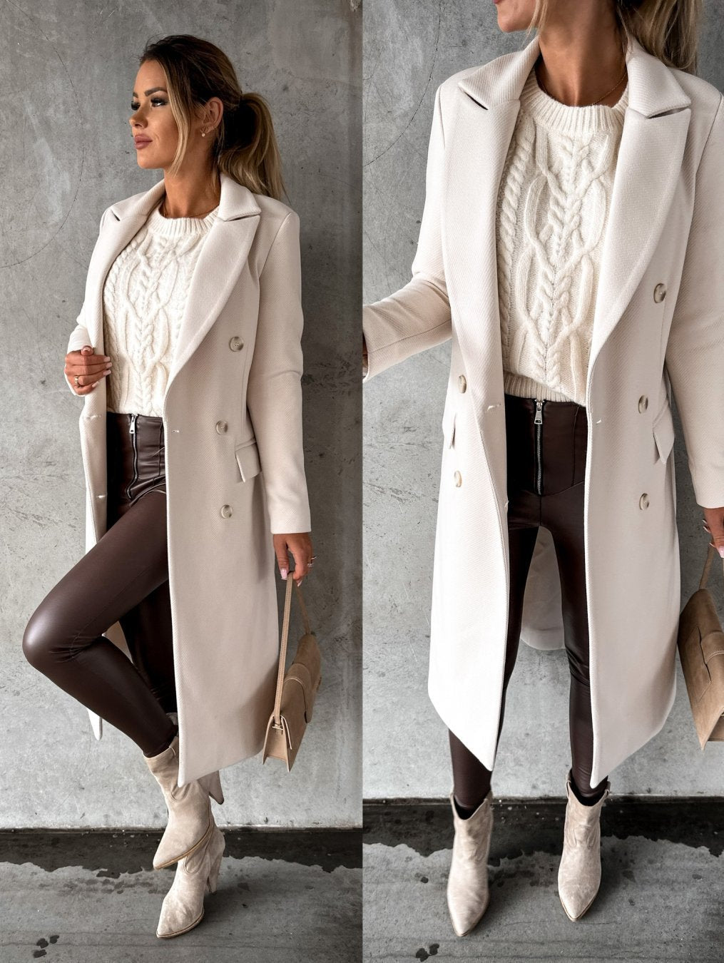 Cream long double-breasted coat with notched lapel and front button details