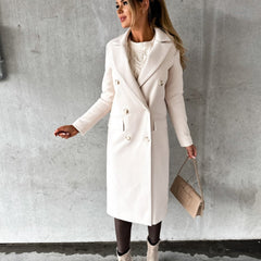 Cream long coat with notched lapel, double-breasted buttons, side flap pockets