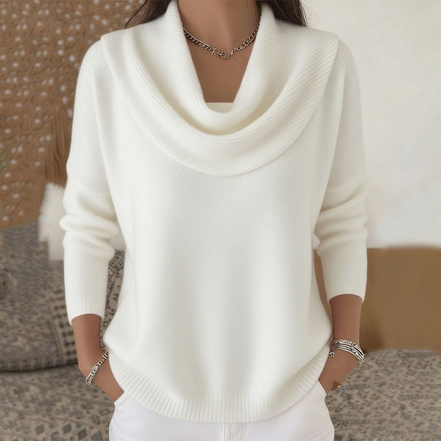 Ivory knit jumper with draped collar, long sleeves and ribbed hem