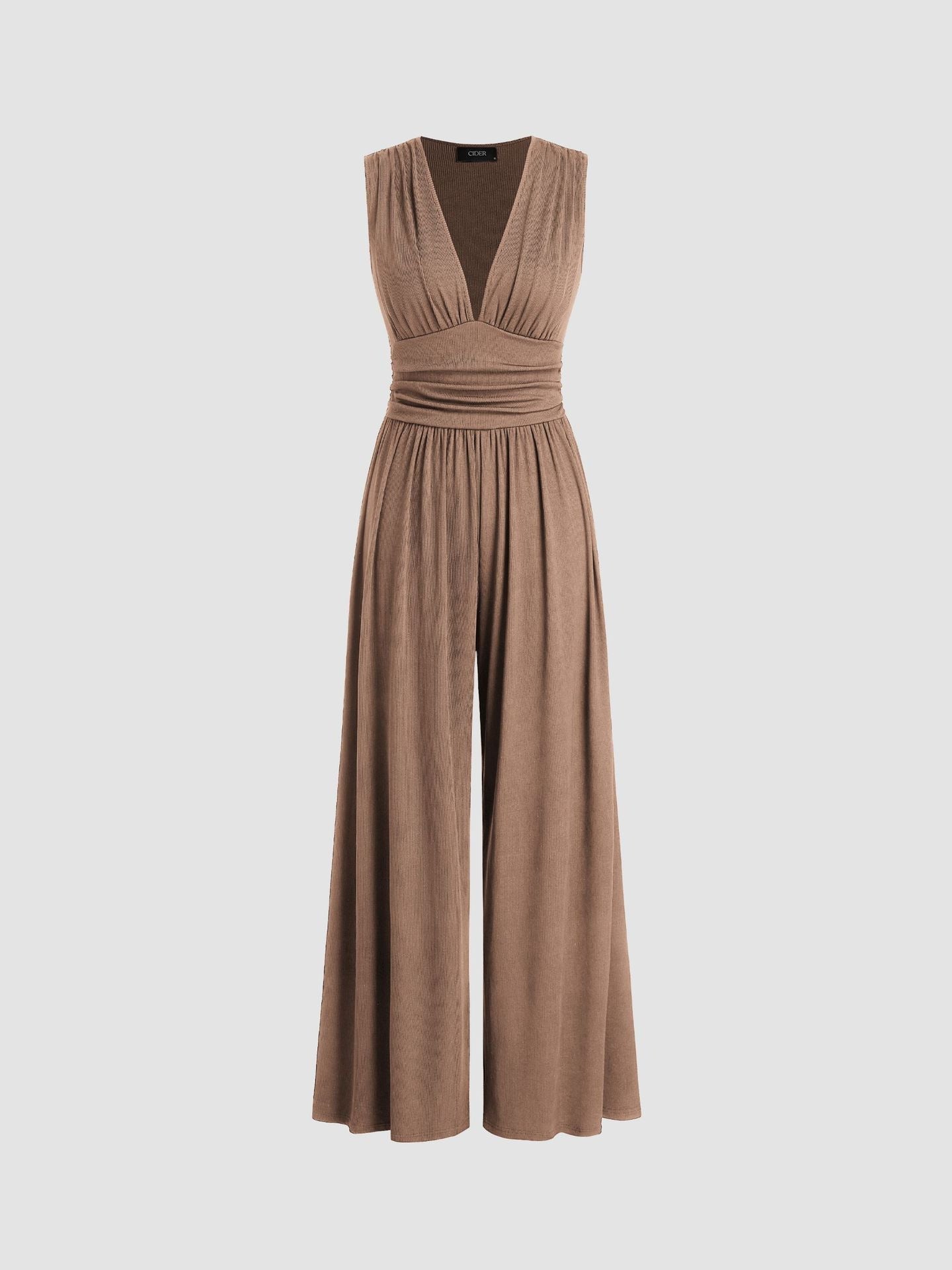 Camel sleeveless wide-leg jumpsuit with V-neck, ruched bodice and gathered waist.