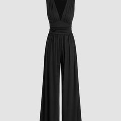 Black sleeveless wide-leg jumpsuit with V-neck, ruched bodice and gathered waist.
