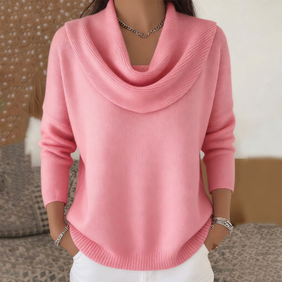 Pink cowl-neck knit jumper with long sleeves and ribbed hem