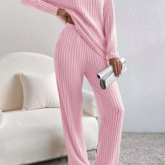 Light pink ribbed knit V-neck long-sleeve top with straight-leg pants set