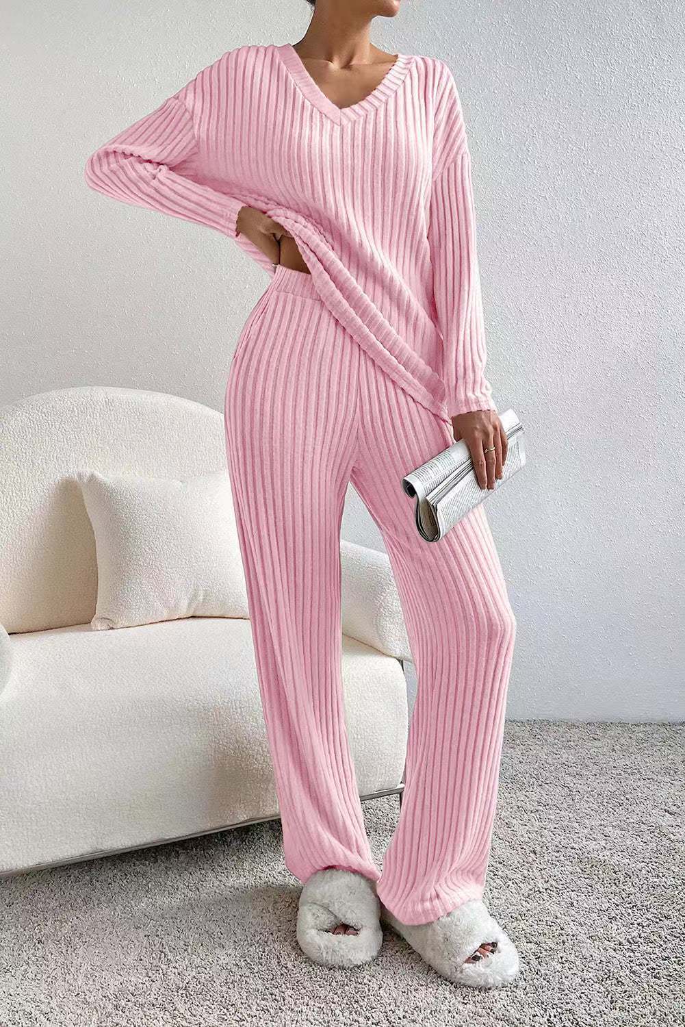 Light pink ribbed knit V-neck long-sleeve top with straight-leg pants set