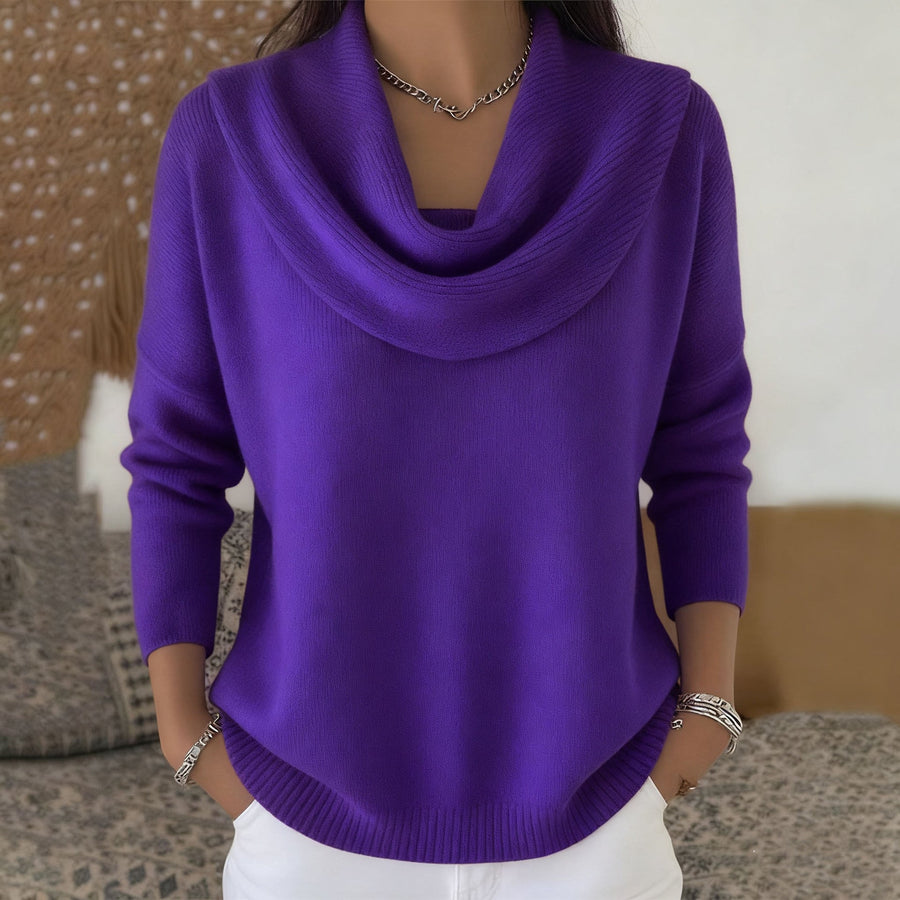 Purple knit jumper with draped cowl collar and long sleeves