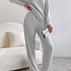 Light gray ribbed knit V-neck long-sleeve top and straight-leg pants lounge set