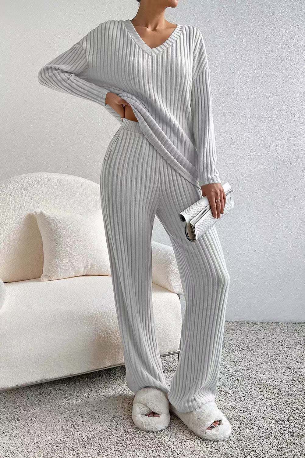 Light gray ribbed knit V-neck long-sleeve top and straight-leg pants lounge set