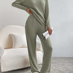 Sage green ribbed knit V-neck long-sleeve top and straight-leg pants set