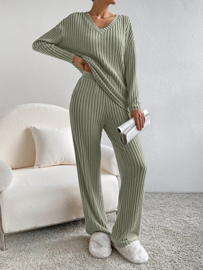 Sage green ribbed knit V-neck long-sleeve top and straight-leg pants set