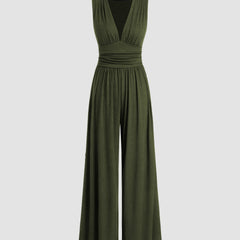 Army green sleeveless wide-leg jumpsuit with V-neck, ruched bodice and gathered waist.