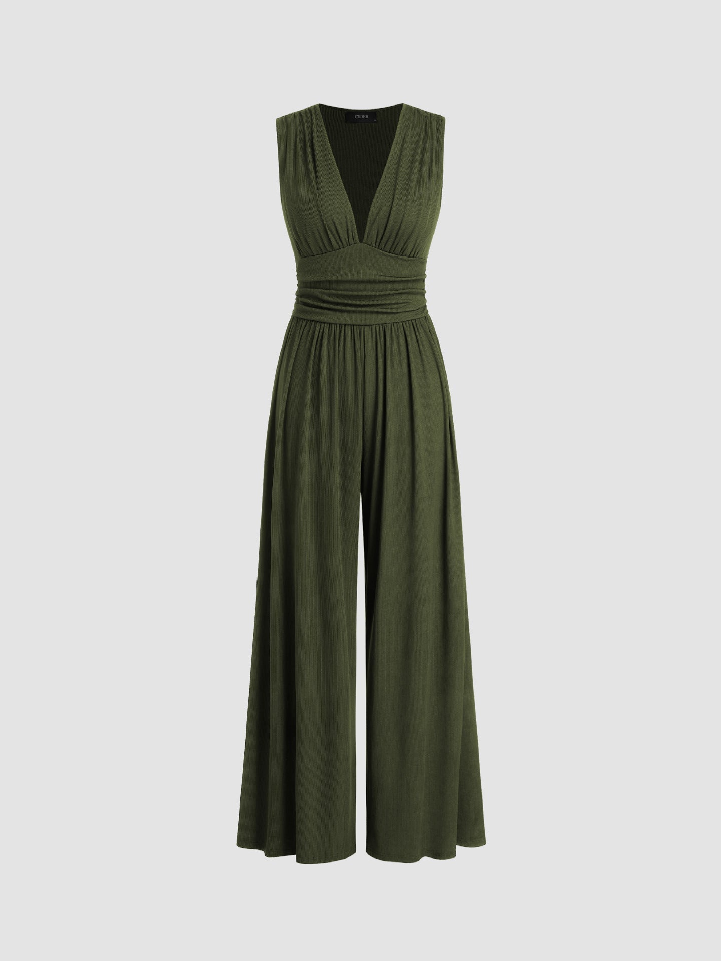 Army green sleeveless wide-leg jumpsuit with V-neck, ruched bodice and gathered waist.