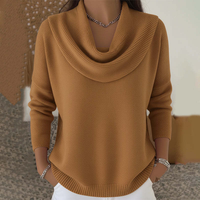 Women’s knit cowl-collar jumper in tan, long sleeves and ribbed hem