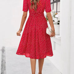 Red polka-dot midi dress with short sleeves and gathered waist, A-line skirt