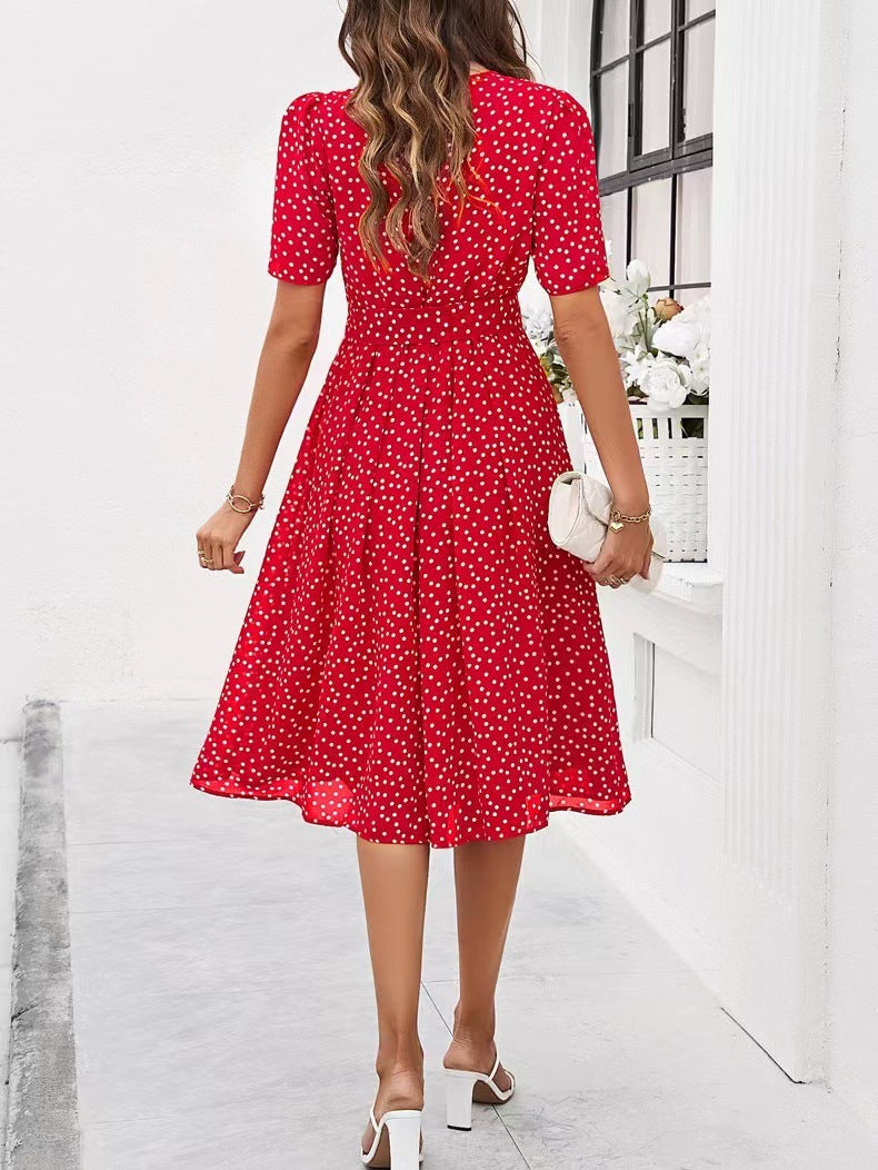 Red polka-dot midi dress with short sleeves and gathered waist, A-line skirt
