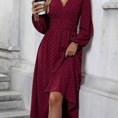 Wine red pleated lantern-sleeve dress with diagonal V neckline and asymmetrical hem