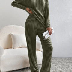 Olive green ribbed knit V-neck long-sleeve top and straight-leg pants set