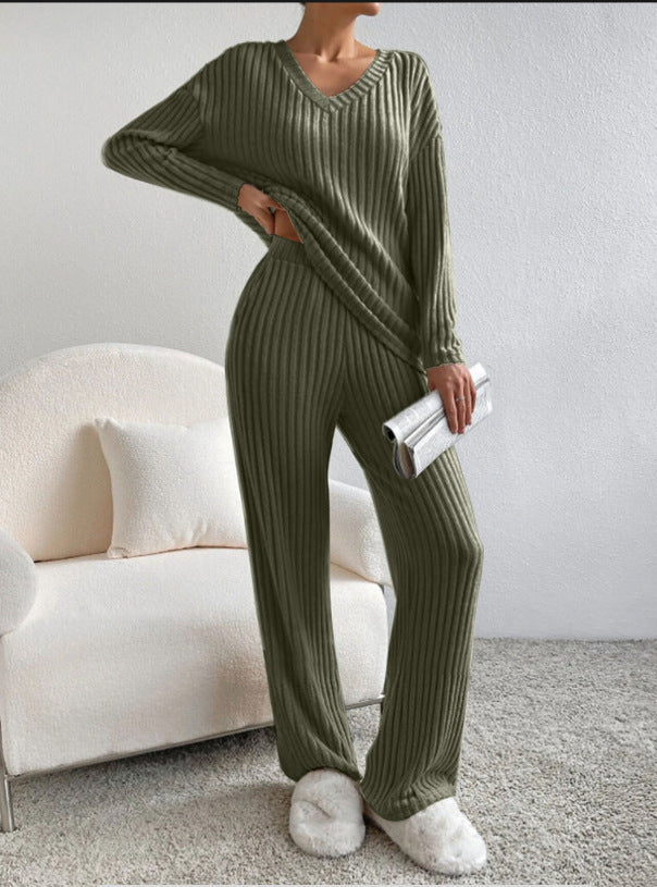 Olive green ribbed knit V-neck long-sleeve top and straight-leg pants set