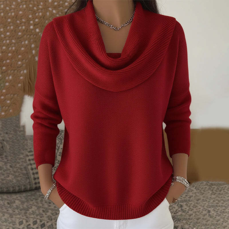 Red knit jumper with cowl collar and long sleeves
