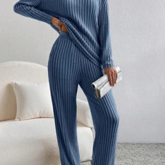 Denim blue ribbed knit V-neck long-sleeve top and straight-leg pants lounge set