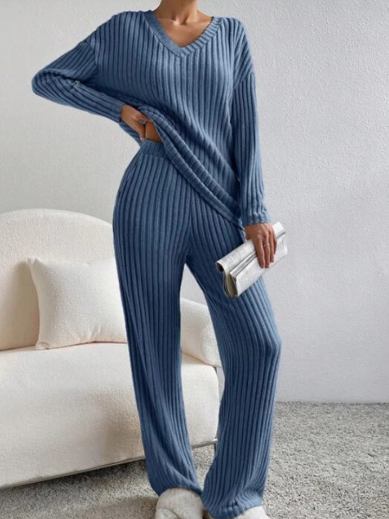 Denim blue ribbed knit V-neck long-sleeve top and straight-leg pants lounge set