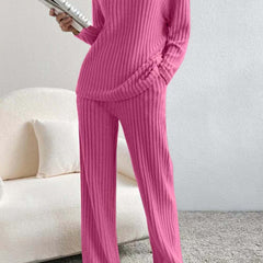 Fuchsia pink ribbed knit V-neck long-sleeve top and straight-leg pants set
