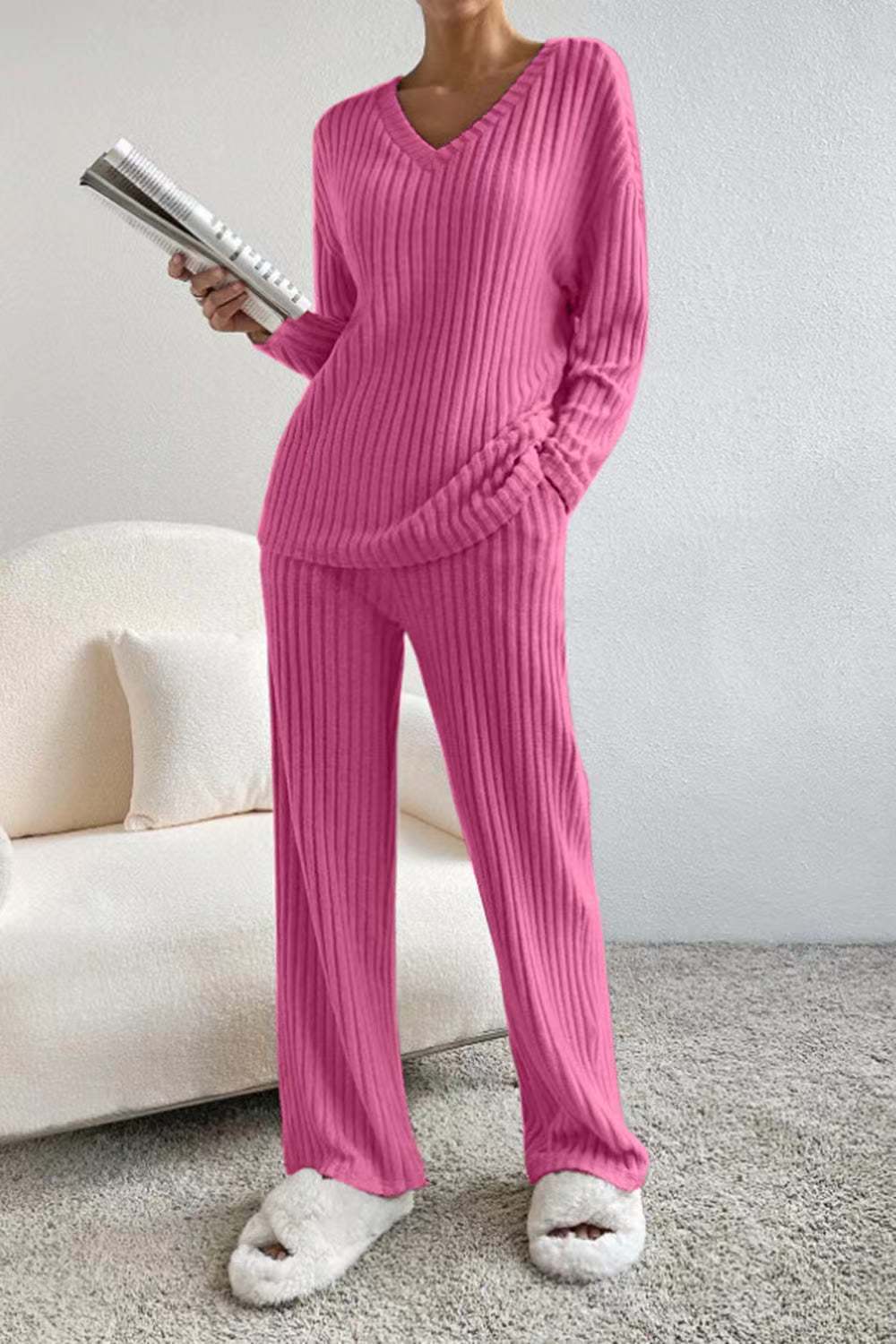 Fuchsia pink ribbed knit V-neck long-sleeve top and straight-leg pants set