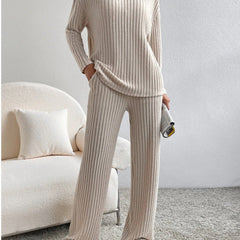 Cream ribbed knit V-neck top and straight-leg pants lounge set