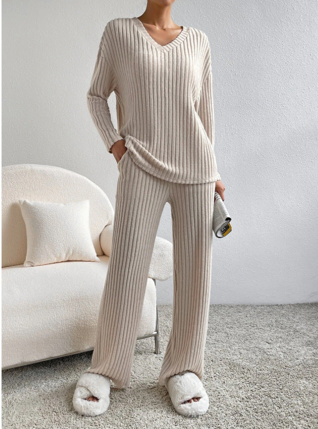 Cream ribbed knit V-neck top and straight-leg pants lounge set