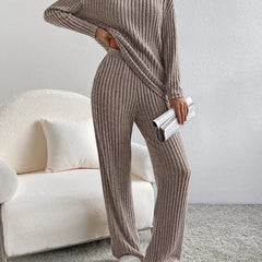 Taupe ribbed knit V-neck long-sleeve top and straight-leg pants set