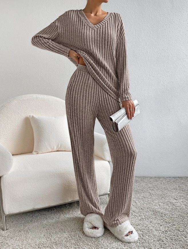 Taupe ribbed knit V-neck long-sleeve top and straight-leg pants set